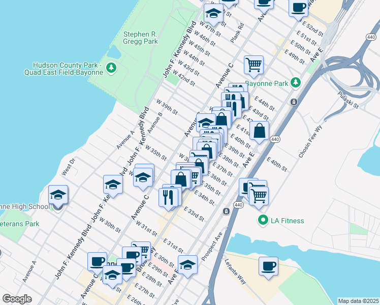 map of restaurants, bars, coffee shops, grocery stores, and more near 36 West 37th Street in Bayonne