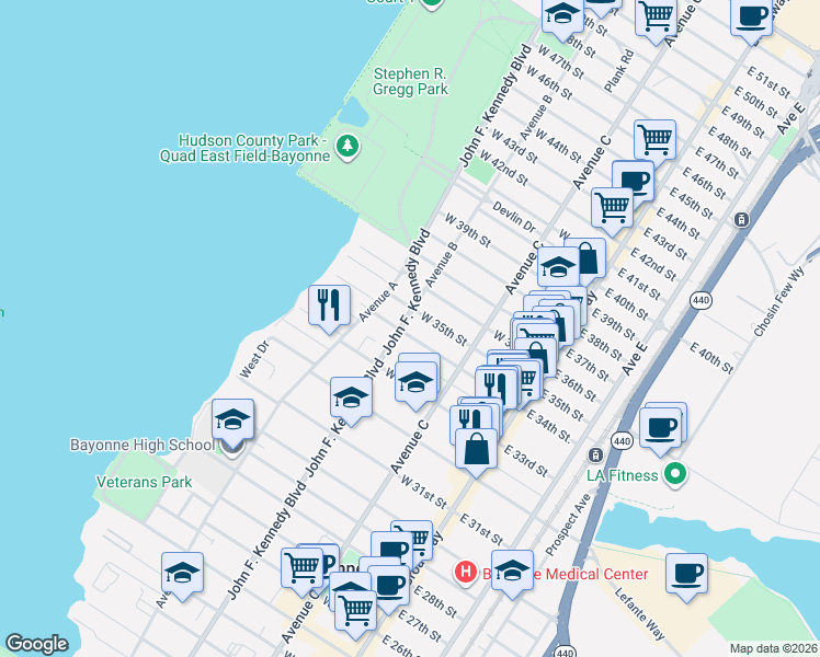 map of restaurants, bars, coffee shops, grocery stores, and more near in Bayonne