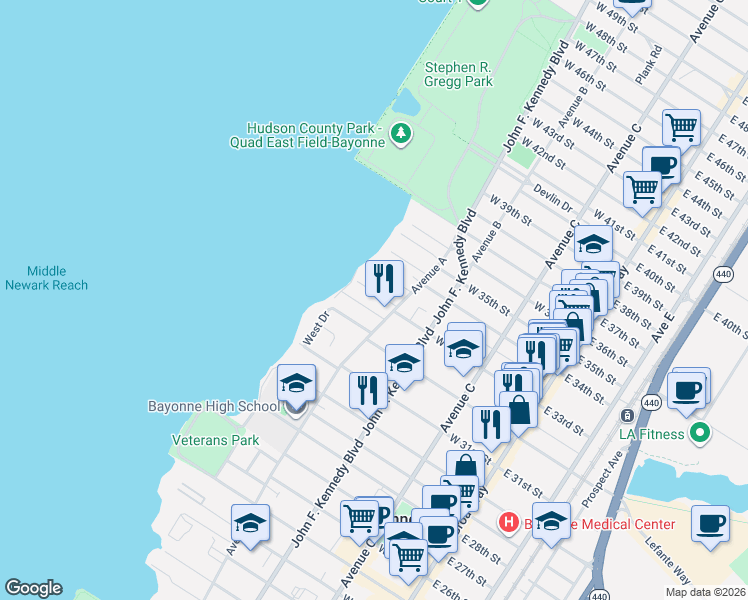 map of restaurants, bars, coffee shops, grocery stores, and more near 154 West 33rd Street in Bayonne
