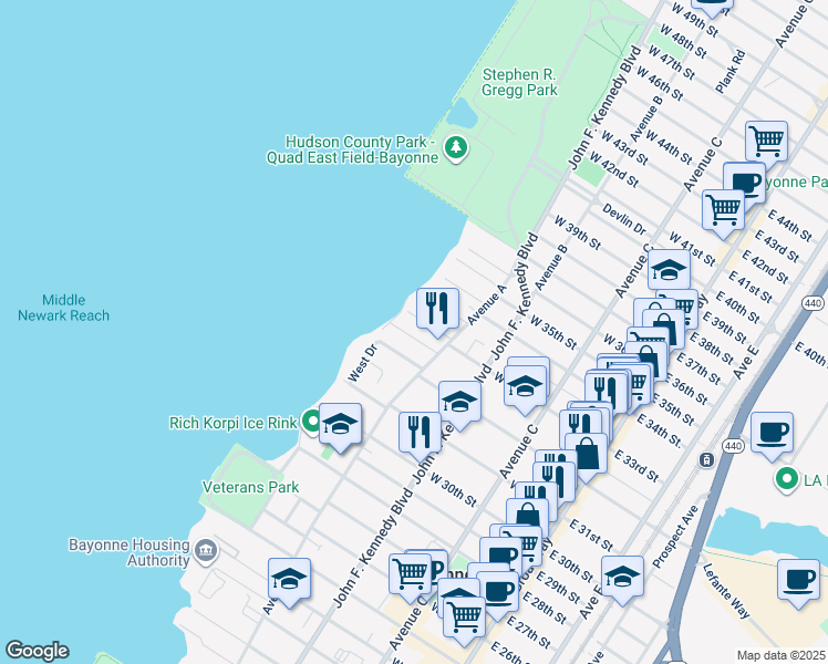map of restaurants, bars, coffee shops, grocery stores, and more near 32 Newark Bay Court in Bayonne