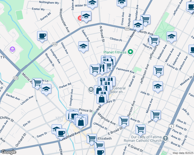 map of restaurants, bars, coffee shops, grocery stores, and more near 552 Westminster Avenue in Elizabeth