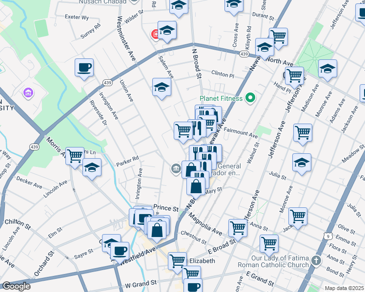 map of restaurants, bars, coffee shops, grocery stores, and more near 552 Westminster Avenue in Elizabeth