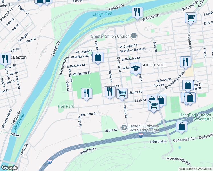 map of restaurants, bars, coffee shops, grocery stores, and more near 849 West Grant Street in Easton