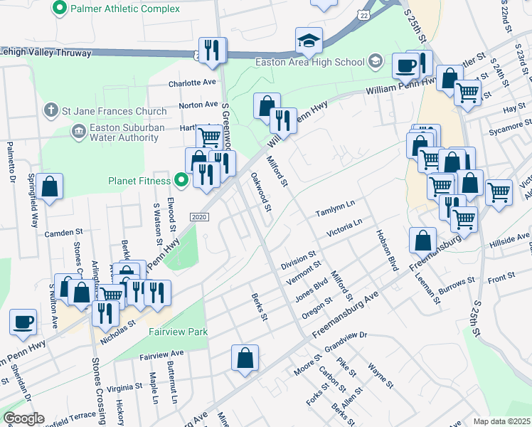 map of restaurants, bars, coffee shops, grocery stores, and more near 600 South Greenwood Avenue in Easton