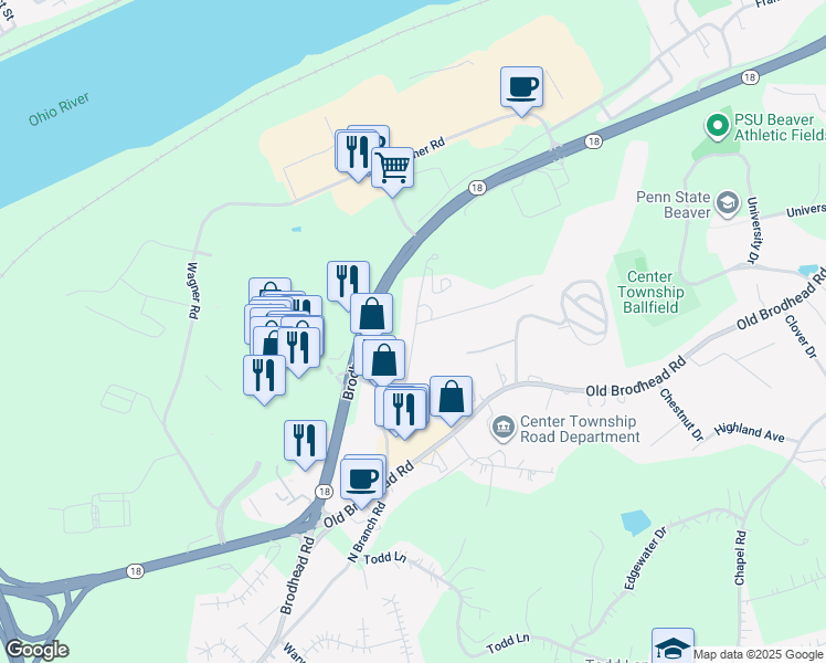map of restaurants, bars, coffee shops, grocery stores, and more near 164 Stone Quarry Road in Monaca