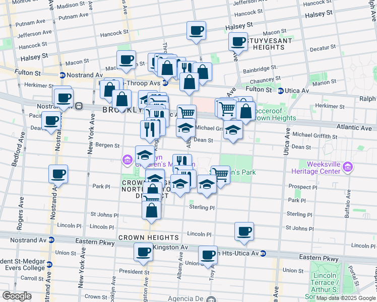 map of restaurants, bars, coffee shops, grocery stores, and more near Bergen Street & Albany Avenue in Brooklyn