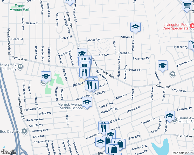 map of restaurants, bars, coffee shops, grocery stores, and more near 26 East Garfield Street in Merrick