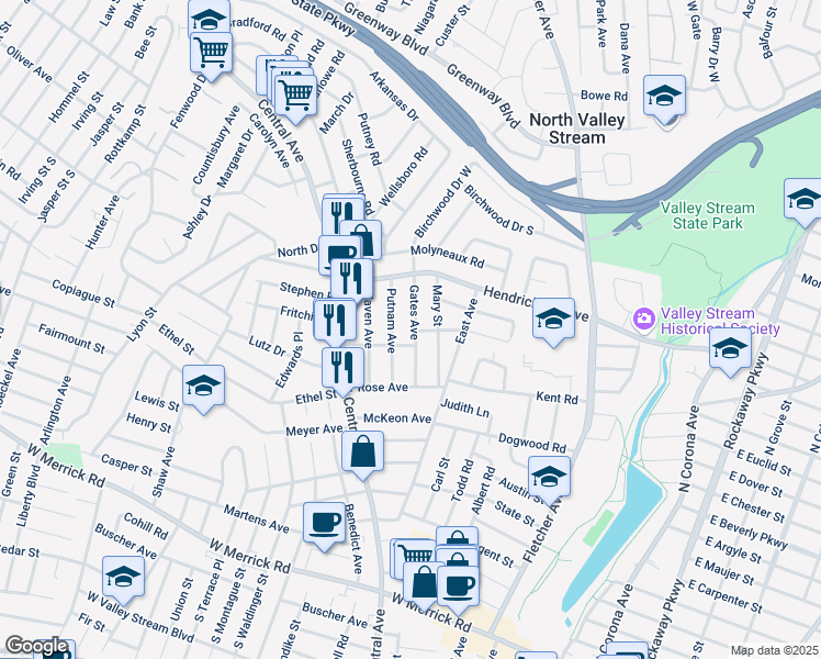 map of restaurants, bars, coffee shops, grocery stores, and more near 62 Gates Avenue in Valley Stream