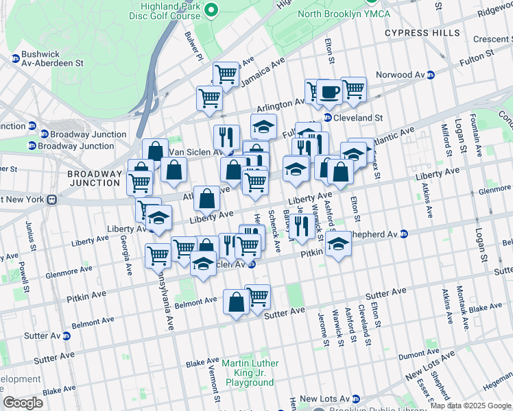 map of restaurants, bars, coffee shops, grocery stores, and more near 535 Liberty Avenue in Brooklyn