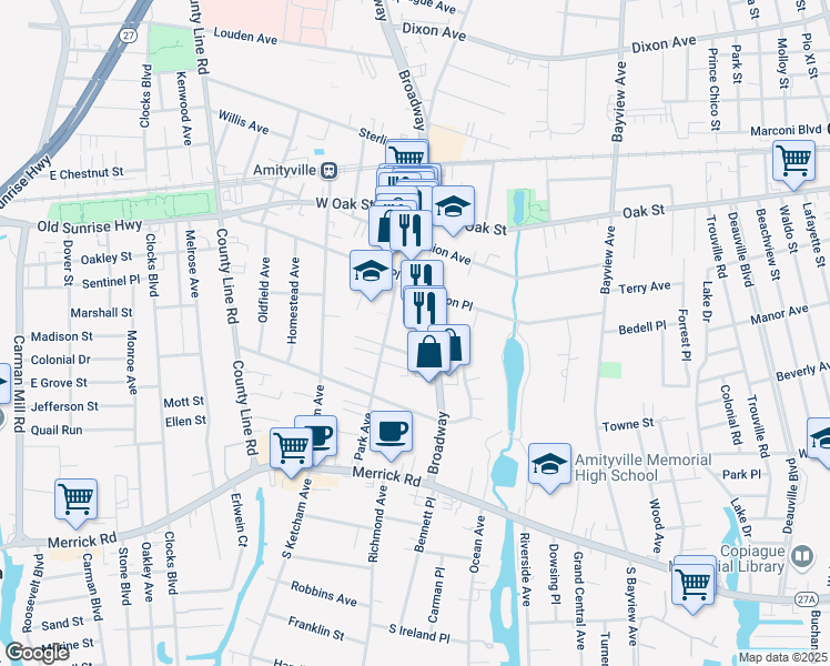 map of restaurants, bars, coffee shops, grocery stores, and more near 121 Park Avenue in Amityville