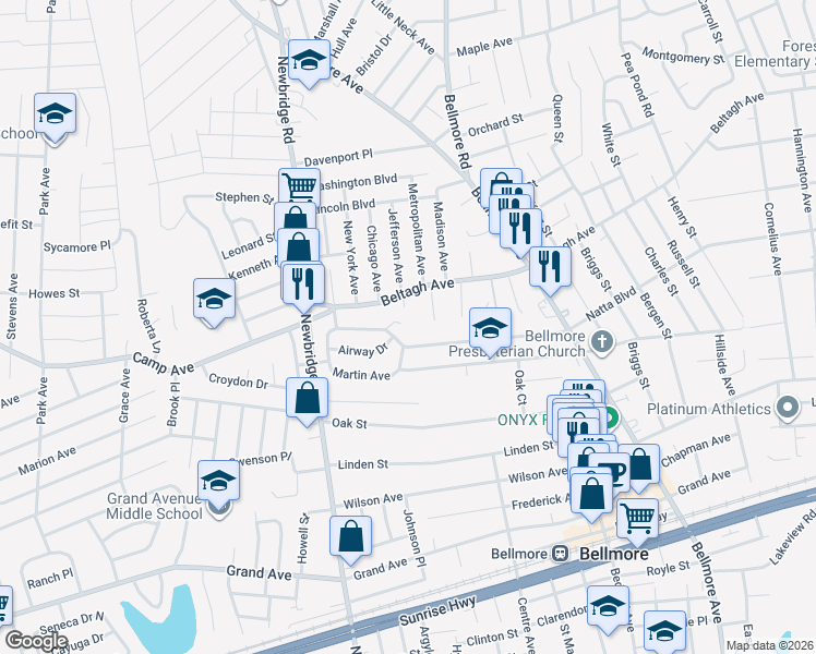 map of restaurants, bars, coffee shops, grocery stores, and more near 2503 Natta Boulevard in Bellmore