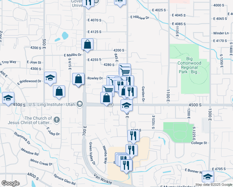 map of restaurants, bars, coffee shops, grocery stores, and more near 845 East 4500 South in Salt Lake City