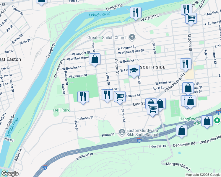 map of restaurants, bars, coffee shops, grocery stores, and more near 747 West Grant Street in Easton