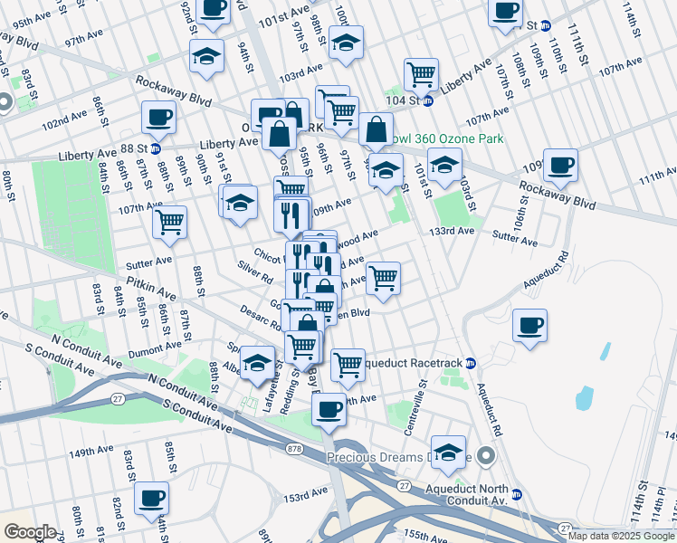 map of restaurants, bars, coffee shops, grocery stores, and more near 94-34 133rd Avenue in Queens