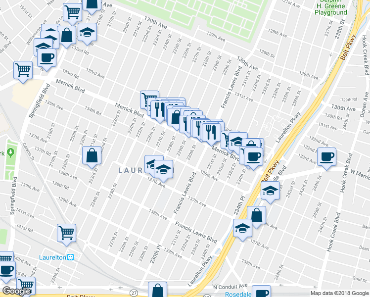 map of restaurants, bars, coffee shops, grocery stores, and more near 134-25 229th Street in Queens