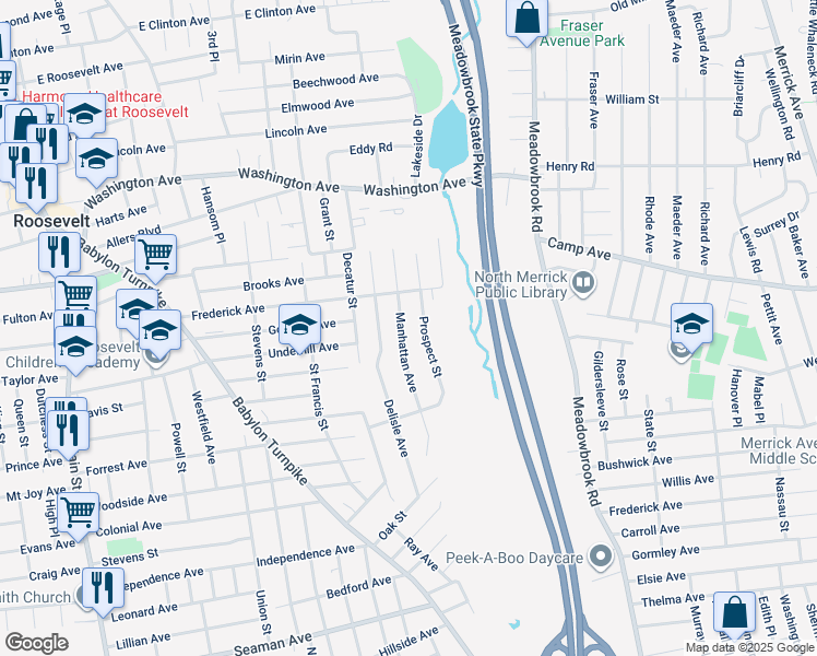 map of restaurants, bars, coffee shops, grocery stores, and more near 140 Manhattan St in Roosevelt