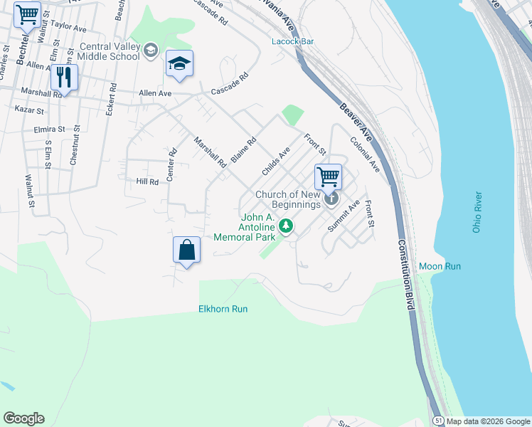 map of restaurants, bars, coffee shops, grocery stores, and more near 1210 Allaire Avenue in Monaca