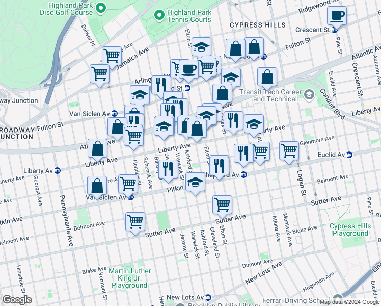 map of restaurants, bars, coffee shops, grocery stores, and more near 283 Ashford Street in Brooklyn