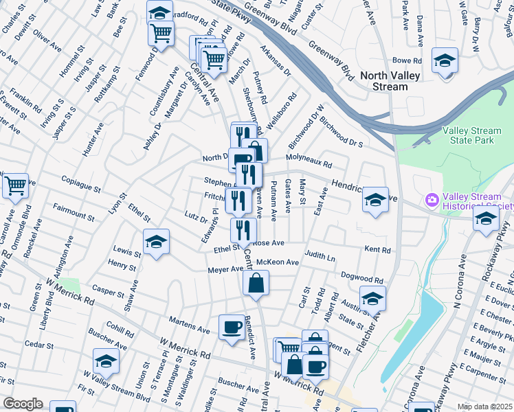 map of restaurants, bars, coffee shops, grocery stores, and more near 56 Haven Avenue in Valley Stream