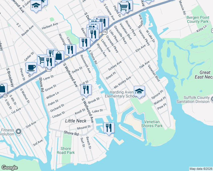 map of restaurants, bars, coffee shops, grocery stores, and more near 254 East Shore Road in Lindenhurst