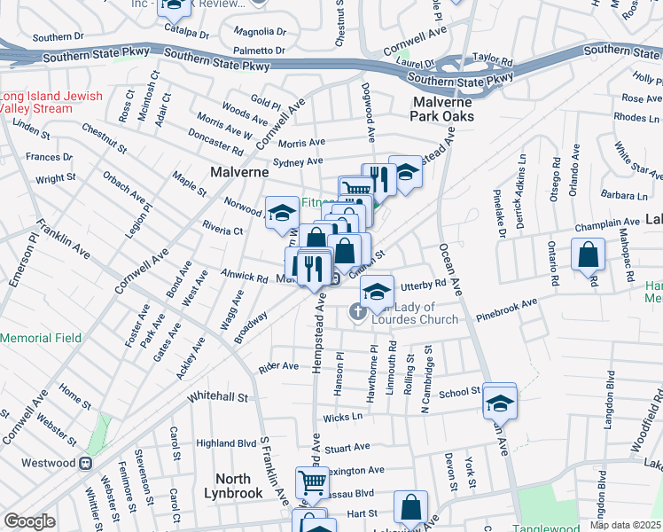 map of restaurants, bars, coffee shops, grocery stores, and more near 277 Hempstead Avenue in Malverne