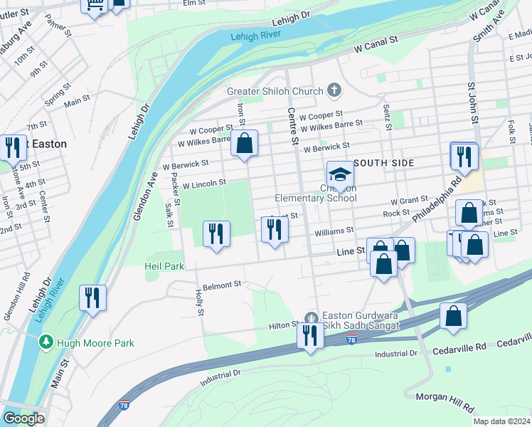 map of restaurants, bars, coffee shops, grocery stores, and more near 849 West Grant Street in Easton