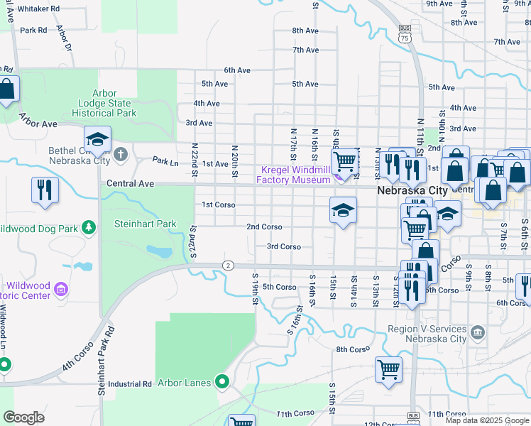 map of restaurants, bars, coffee shops, grocery stores, and more near 206 South 18th Street in Nebraska City