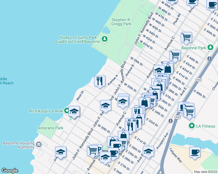 map of restaurants, bars, coffee shops, grocery stores, and more near 794 Avenue A in Bayonne