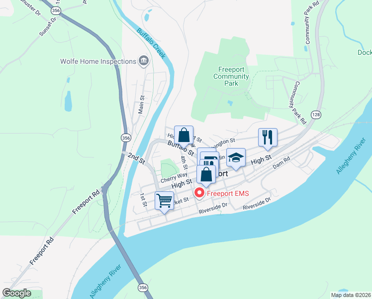 map of restaurants, bars, coffee shops, grocery stores, and more near 121 Buffalo Street in Freeport