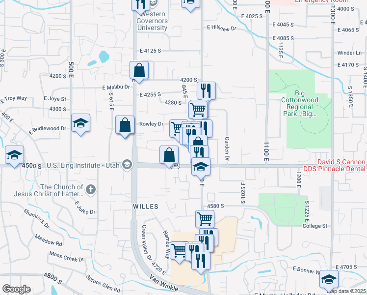 map of restaurants, bars, coffee shops, grocery stores, and more near 845 East 4500 South in Salt Lake City