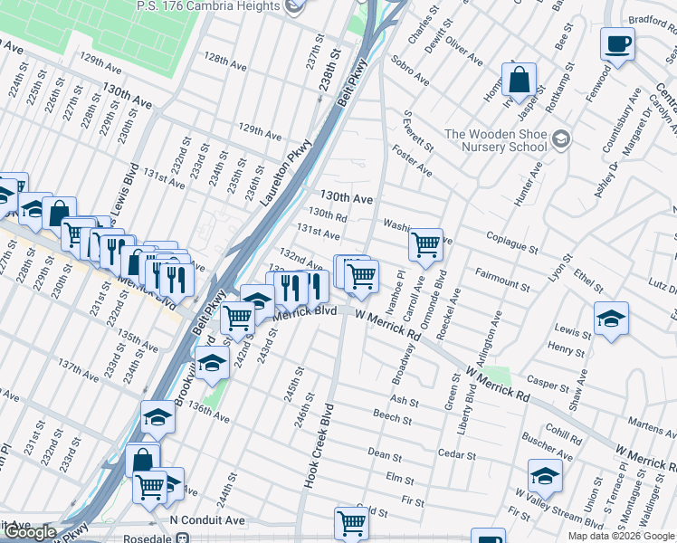 map of restaurants, bars, coffee shops, grocery stores, and more near 243-35 132nd Avenue in Queens