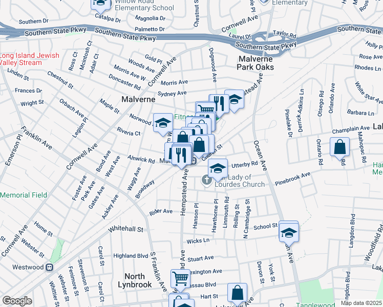 map of restaurants, bars, coffee shops, grocery stores, and more near 277 Hempstead Avenue in Malverne