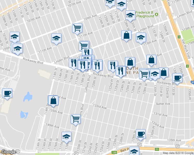 map of restaurants, bars, coffee shops, grocery stores, and more near 116-17 120th Street in Queens