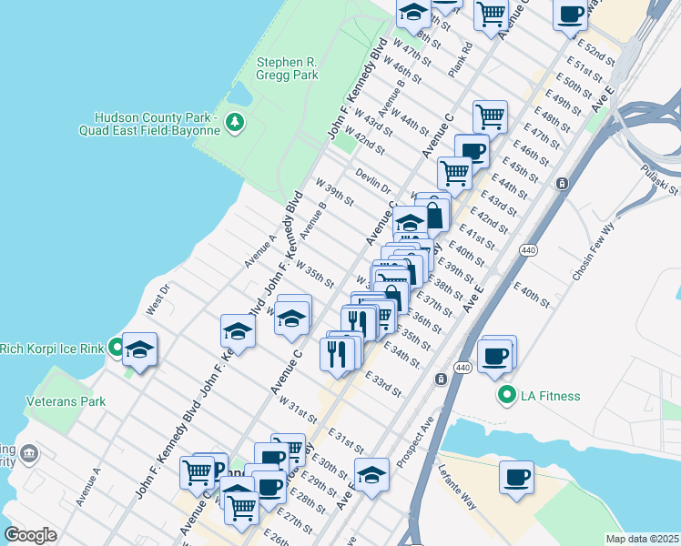 map of restaurants, bars, coffee shops, grocery stores, and more near 815 Avenue C in Bayonne