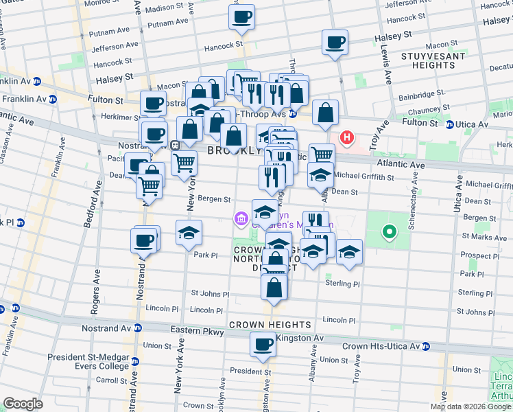 map of restaurants, bars, coffee shops, grocery stores, and more near 1286 Bergen Street in Brooklyn