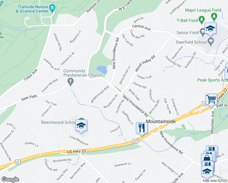 map of restaurants, bars, coffee shops, grocery stores, and more near 293 New Providence Road in Mountainside