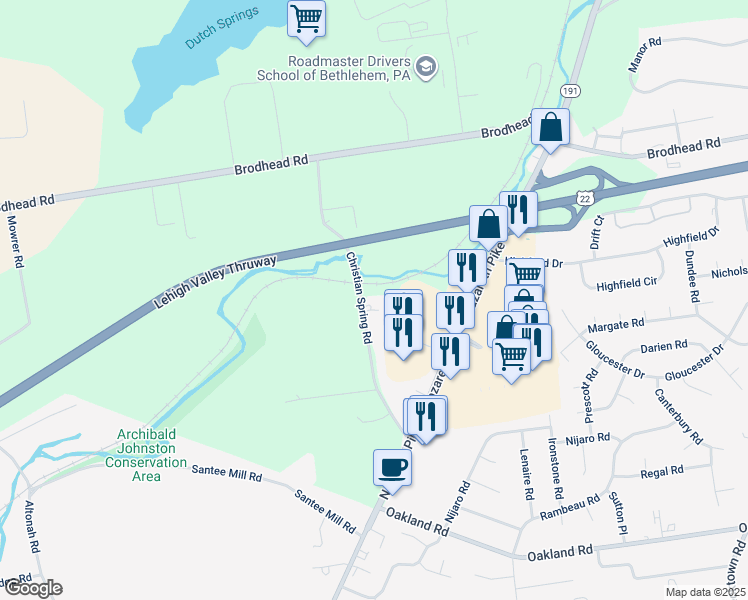 map of restaurants, bars, coffee shops, grocery stores, and more near 3890 Christian Spring Road in Bethlehem