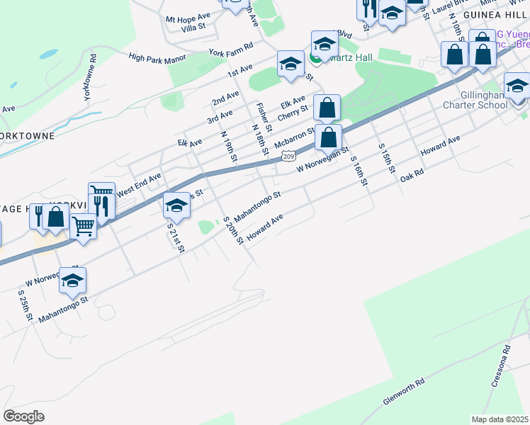 map of restaurants, bars, coffee shops, grocery stores, and more near 1911 Mahantongo Street in Pottsville