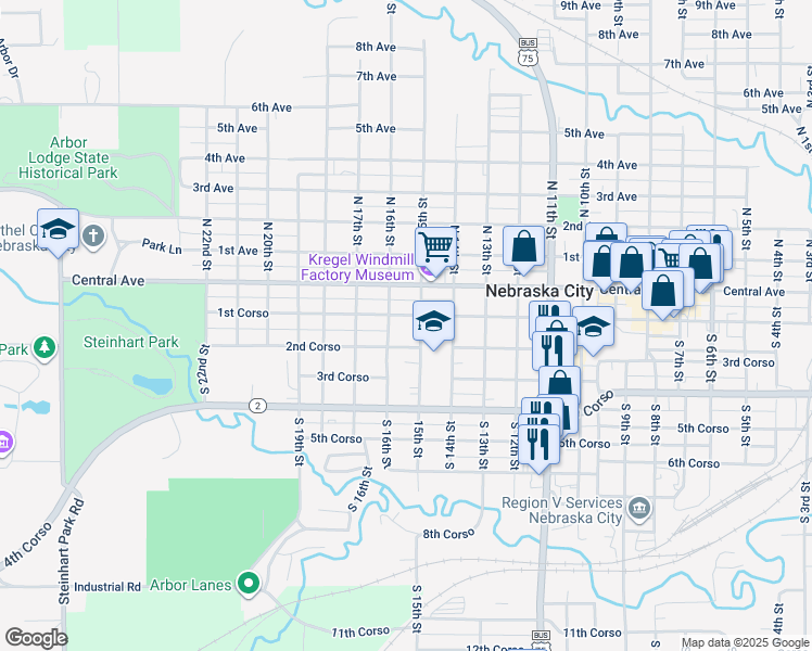 map of restaurants, bars, coffee shops, grocery stores, and more near 209 South 16th Street in Nebraska City