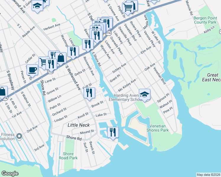 map of restaurants, bars, coffee shops, grocery stores, and more near 248 East Shore Road in Lindenhurst