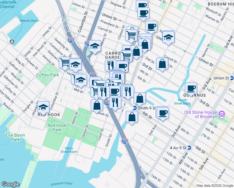 map of restaurants, bars, coffee shops, grocery stores, and more near 507 Court Street in Brooklyn