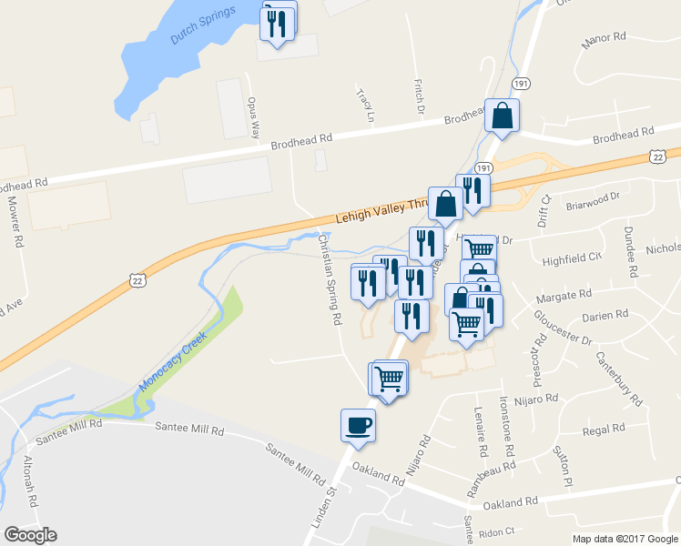 map of restaurants, bars, coffee shops, grocery stores, and more near 3890 Christian Spring Road in Bethlehem