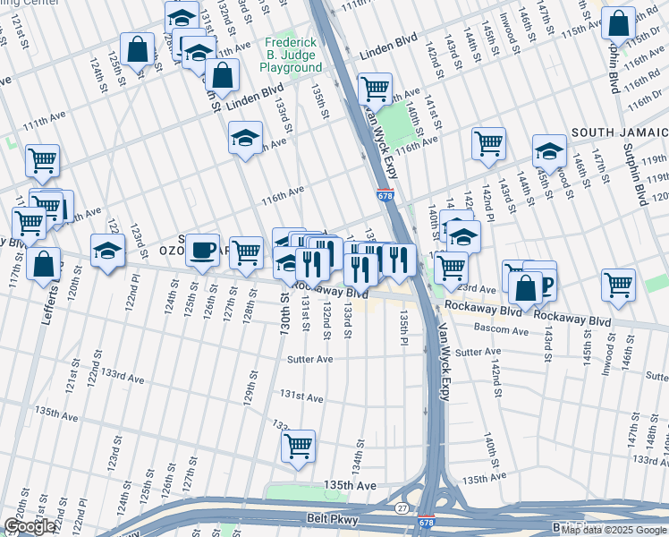 map of restaurants, bars, coffee shops, grocery stores, and more near 117-42 133rd Street in Queens