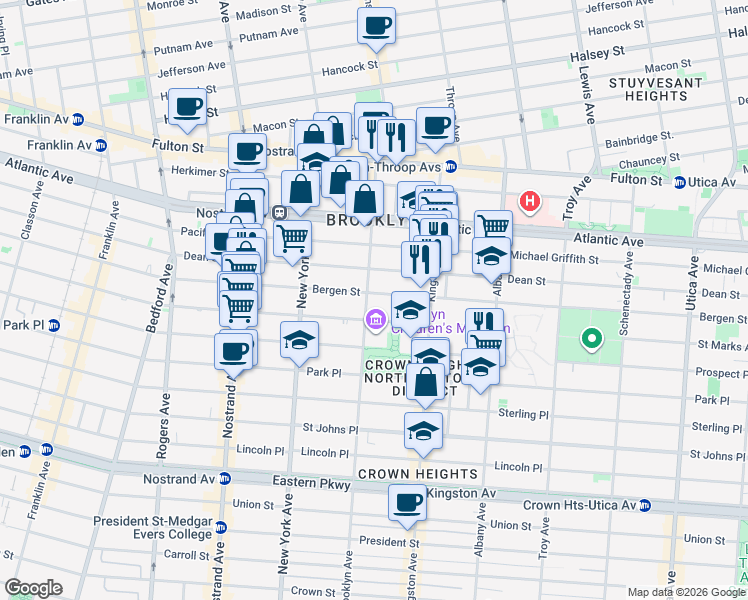 map of restaurants, bars, coffee shops, grocery stores, and more near 127 Brooklyn Avenue in Brooklyn