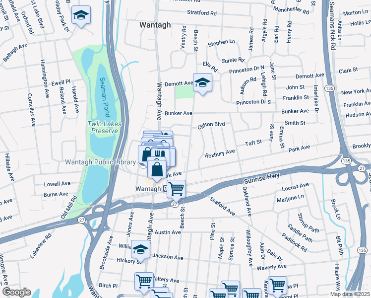 map of restaurants, bars, coffee shops, grocery stores, and more near 1871 Bourne Court in Wantagh