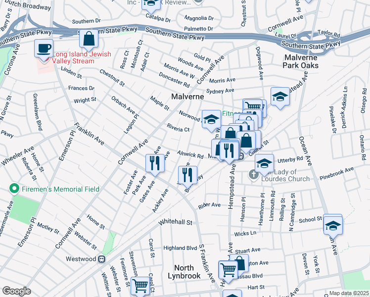 map of restaurants, bars, coffee shops, grocery stores, and more near 15 Ogston Terrace in Malverne