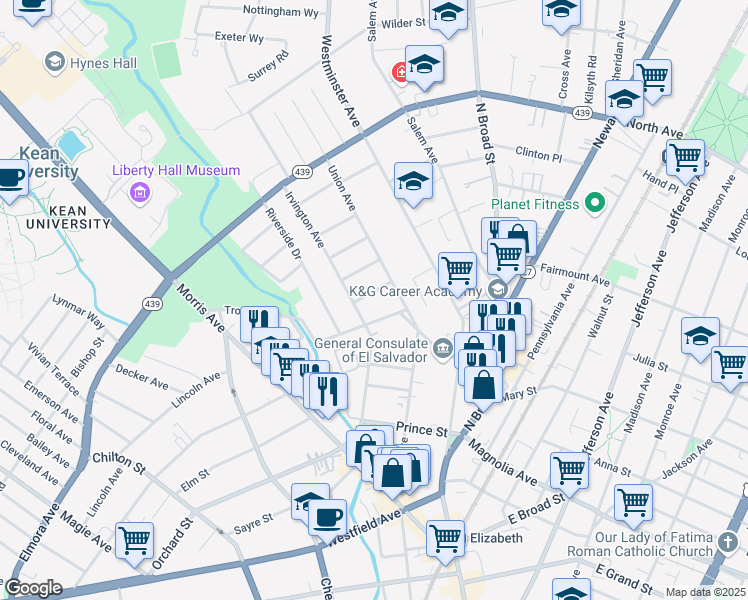 map of restaurants, bars, coffee shops, grocery stores, and more near 20 Algonquin Place in Elizabeth