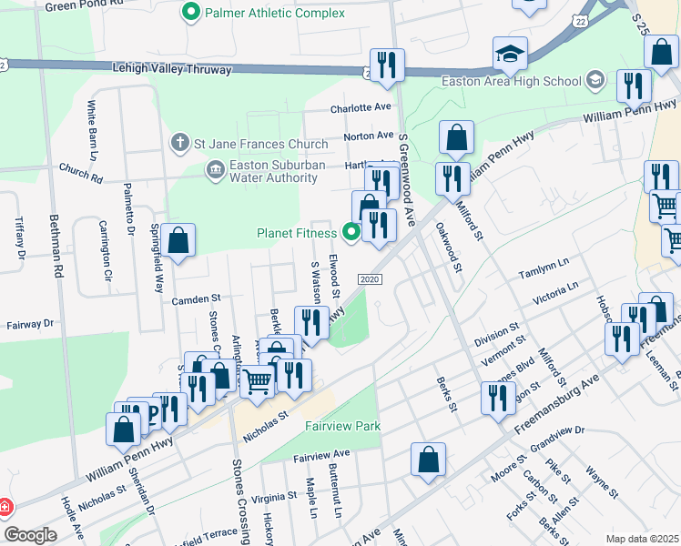 map of restaurants, bars, coffee shops, grocery stores, and more near 401 Elwood Street in Easton