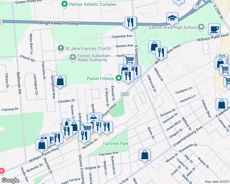 map of restaurants, bars, coffee shops, grocery stores, and more near 401 Elwood Street in Easton