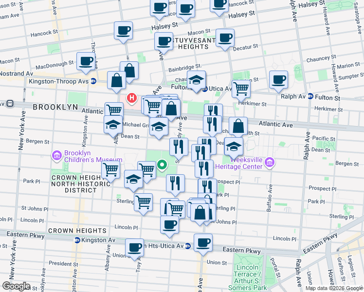 map of restaurants, bars, coffee shops, grocery stores, and more near 112 Schenectady Avenue in Brooklyn